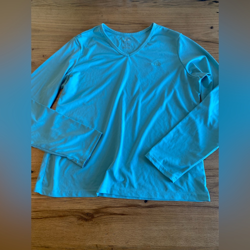 Adidas‎ Long Sleeve V neck Blue Logo  Hiking Shirt Large Women’s Preloved